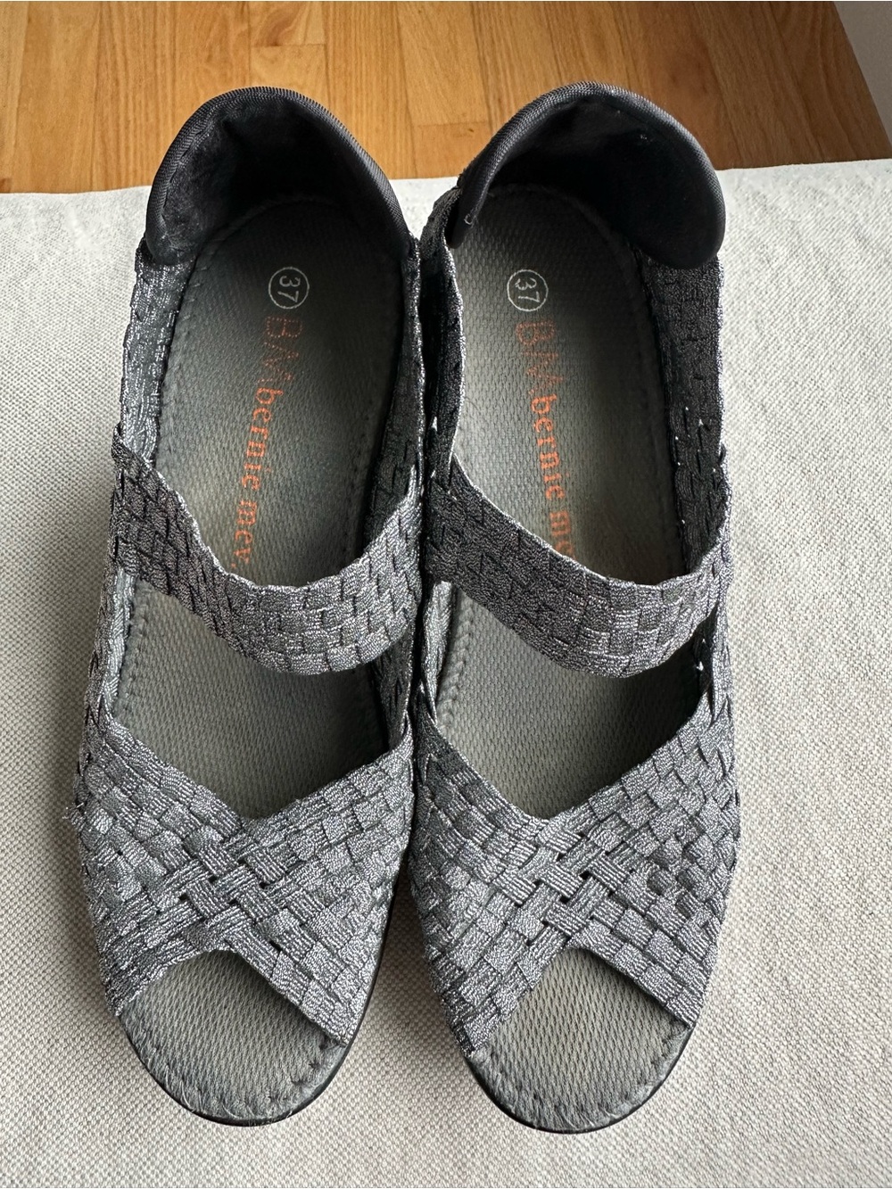 bernie mev. Silver Gray Woven Mary Jane Sandals